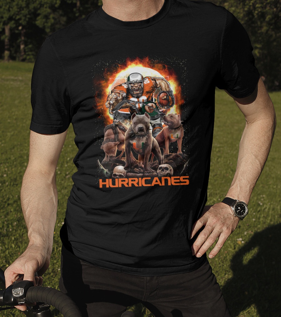 Hurricanes Dh 49 Miami Football Dogs And Skull Action Scene T-Shirt