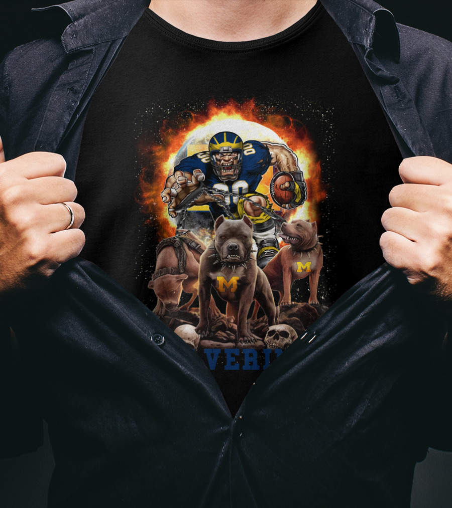 Michigan Wolverines Football Player With Dogs And Flames T-Shirt