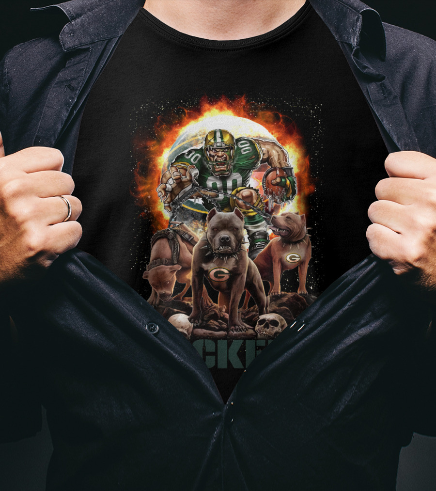 Packers Fierce Football Warrior With Dogs And Flaming T-Shirt