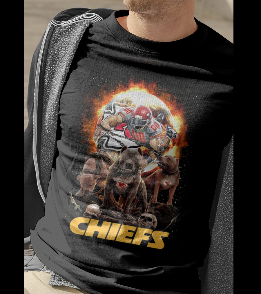 Chiefs Football Player With Dogs And Fiery T-Shirt