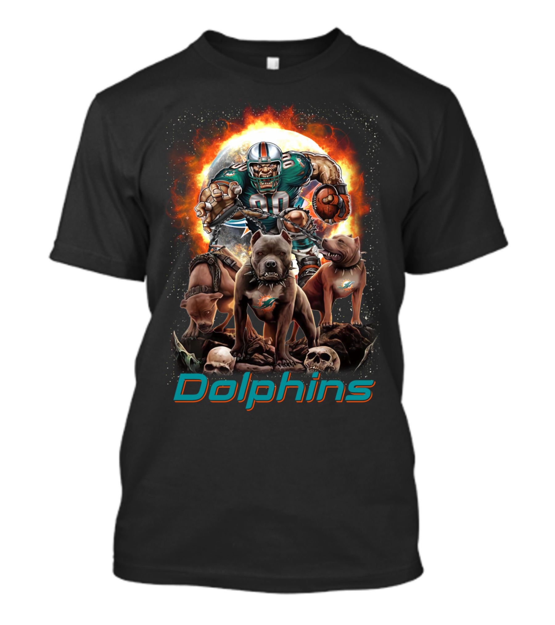 Miami Dolphins Dh 49 Md Comic Style Power Play With Dogs And Football T-Shirt