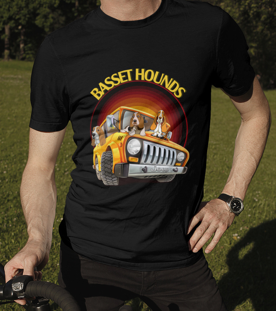 Basset Hounds Jeep Adventure With Dh 51 Basset Hounds Car T-Shirt