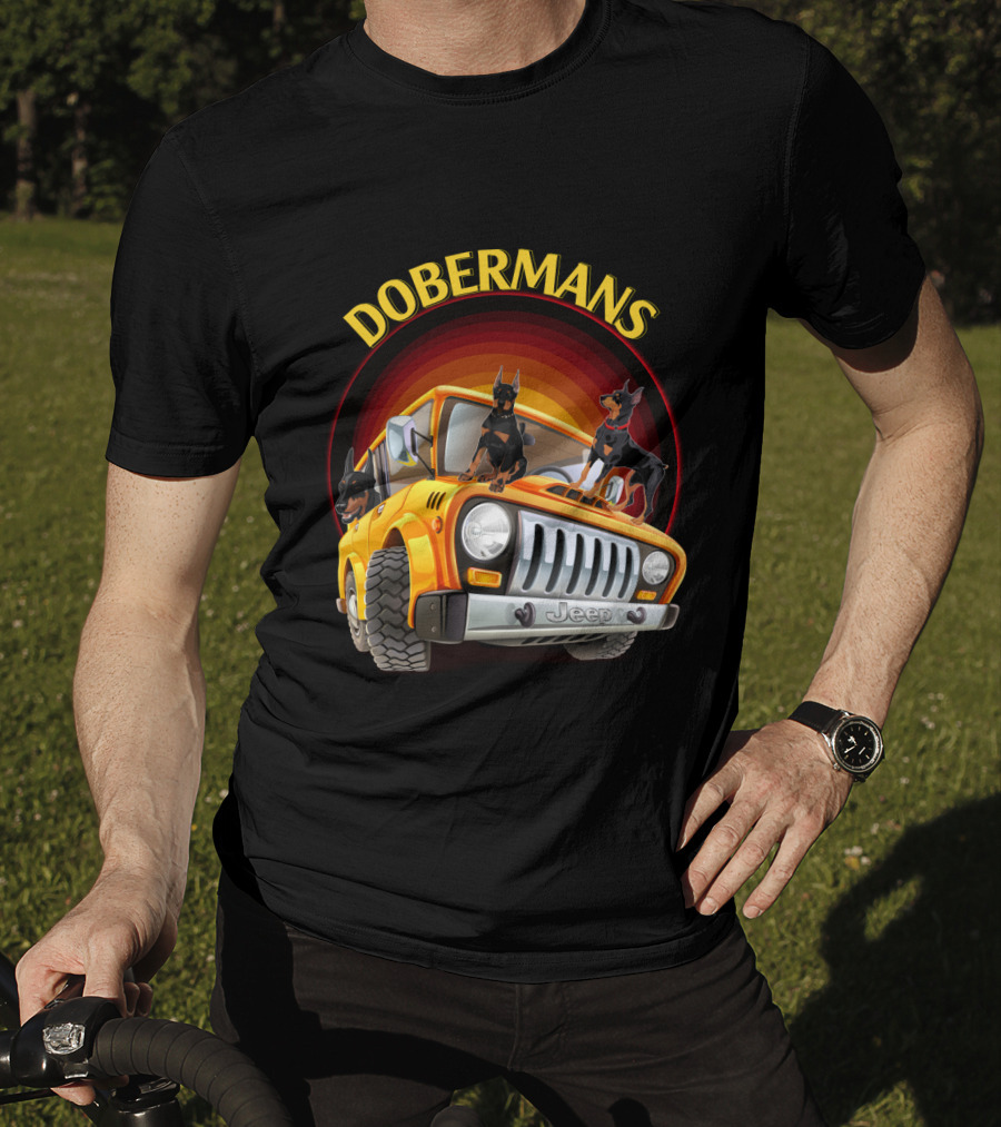Dobermans Riding Yellow Jeep Adventure T-Shirt