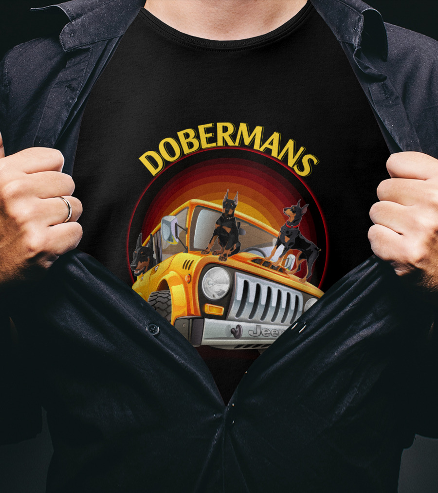 Dobermans Riding Yellow Jeep Adventure T-Shirt