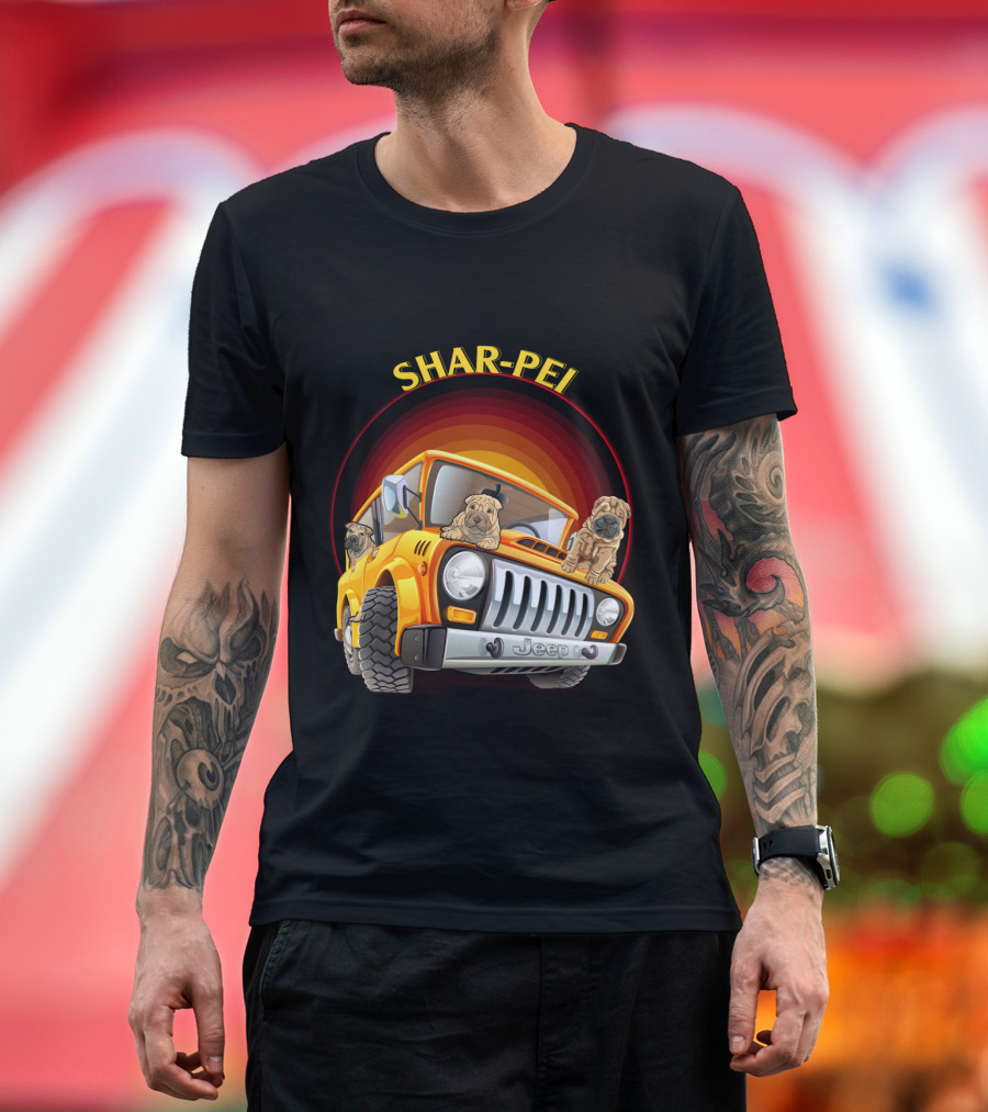 Shar-Pei Jeep Orange With Three Puppies T-Shirt