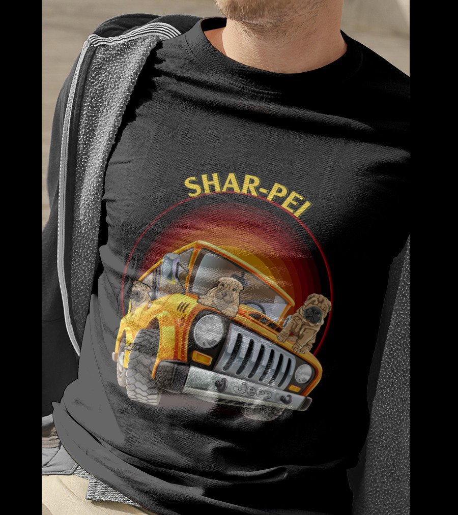 Shar-Pei Jeep Orange With Three Puppies T-Shirt