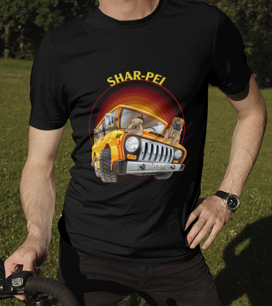 Shar-Pei Jeep Orange With Three Puppies T-Shirt