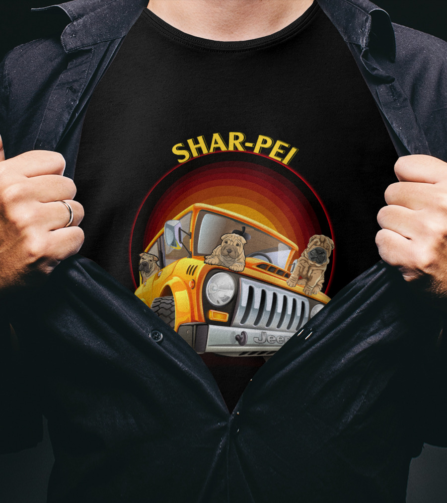 Shar-Pei Jeep Orange With Three Puppies T-Shirt