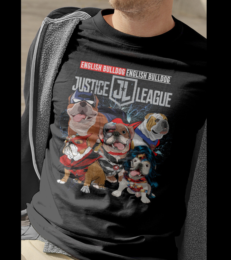 Justice League English Bulldog Superhero Team DH 55 T-Shirt