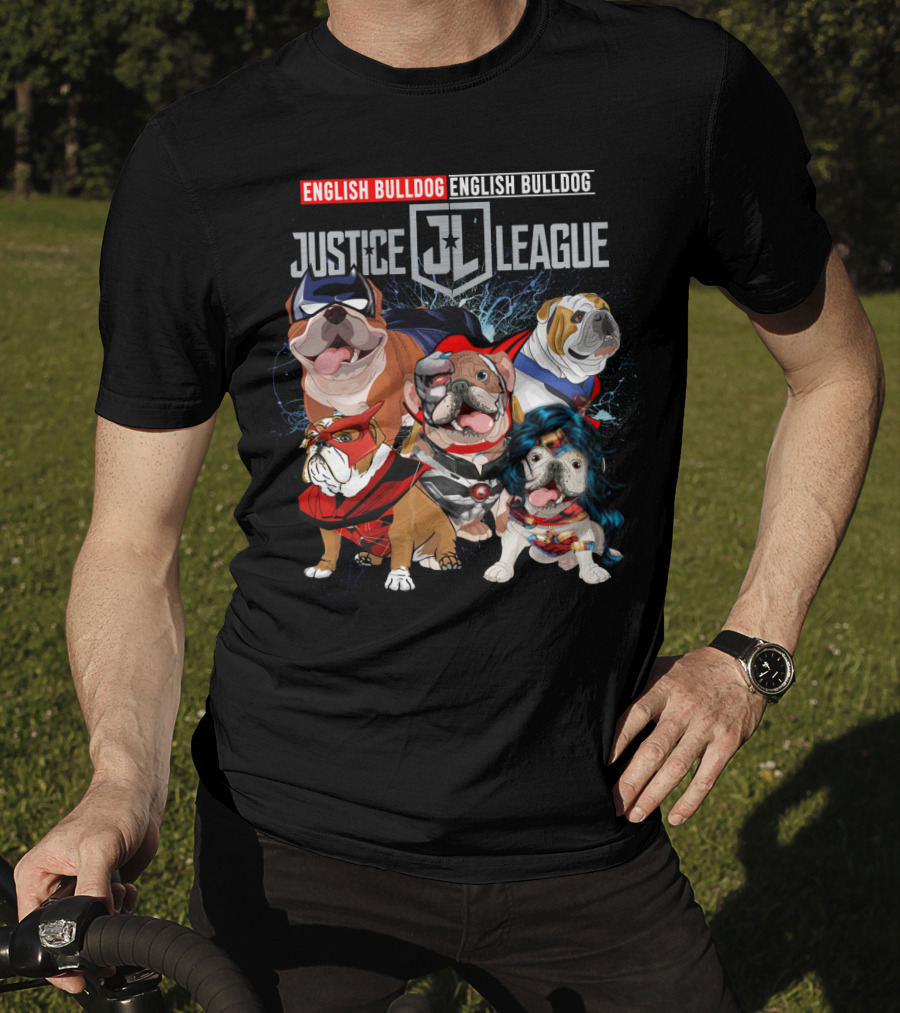 Justice League English Bulldog Superhero Team DH 55 T-Shirt