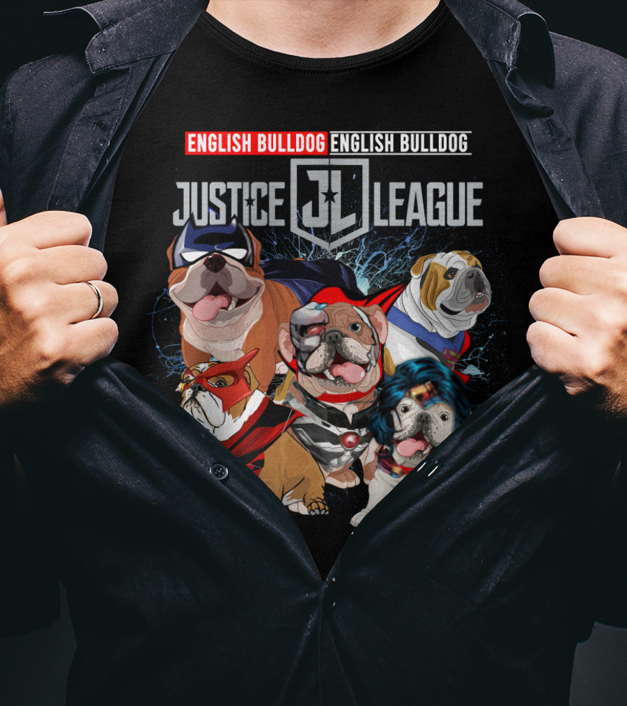 Justice League English Bulldog Superhero Team DH 55 T-Shirt
