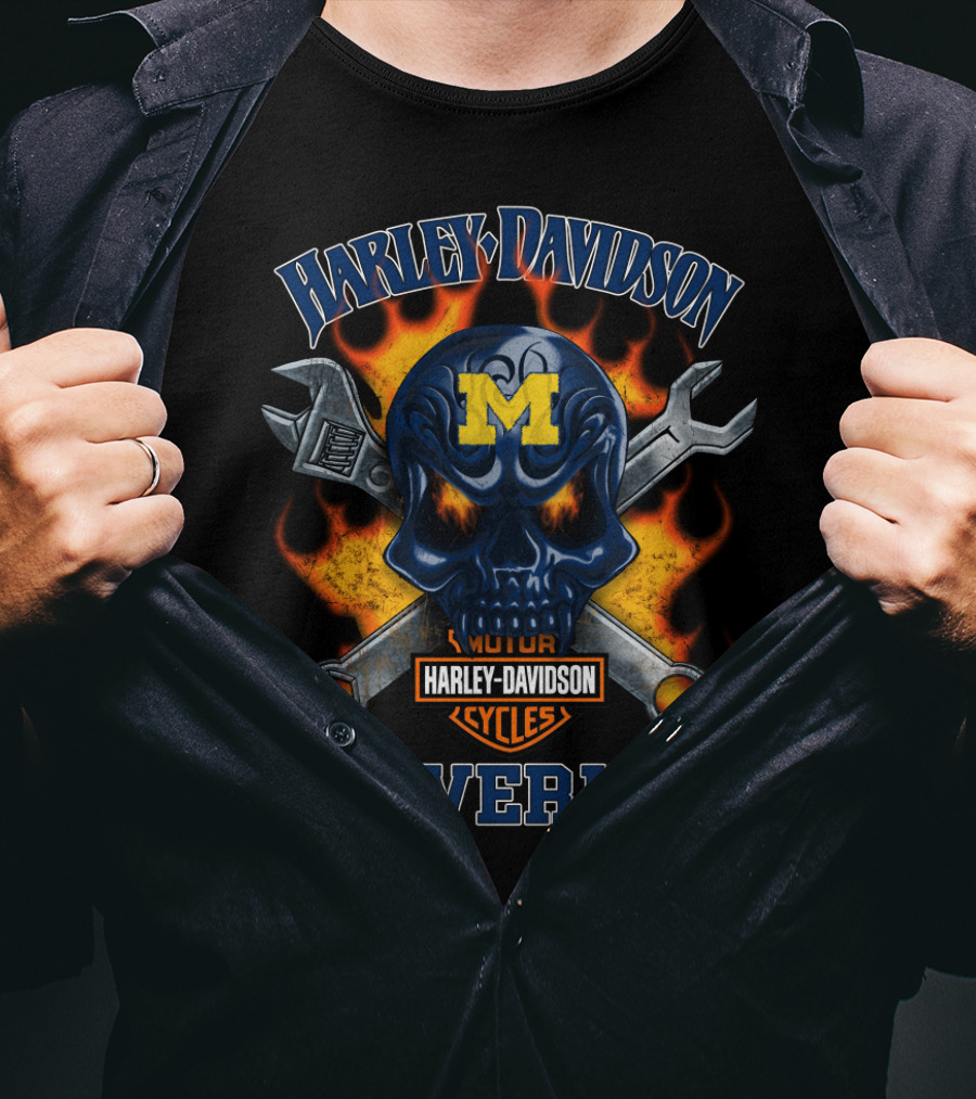 Harley Davidson Michigan Wolverines Skull Flames T-Shirt