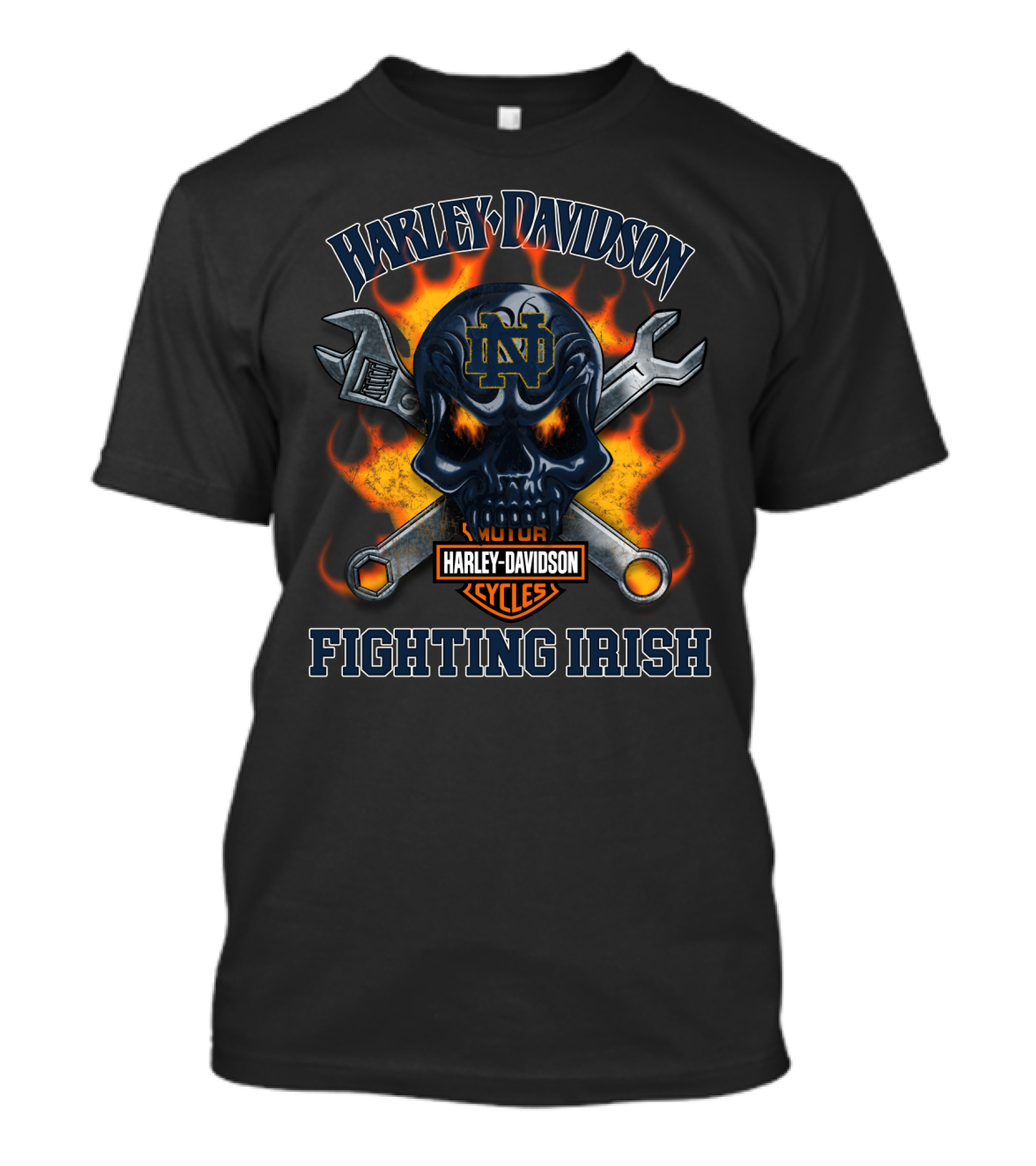 Harley Davidson Fighting Irish Notre Dame Nd Skull Wrench Flames T-Shirt