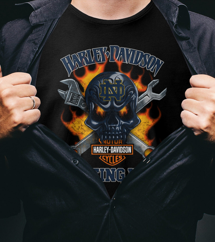 Harley Davidson Fighting Irish Notre Dame Nd Skull Wrench Flames T-Shirt