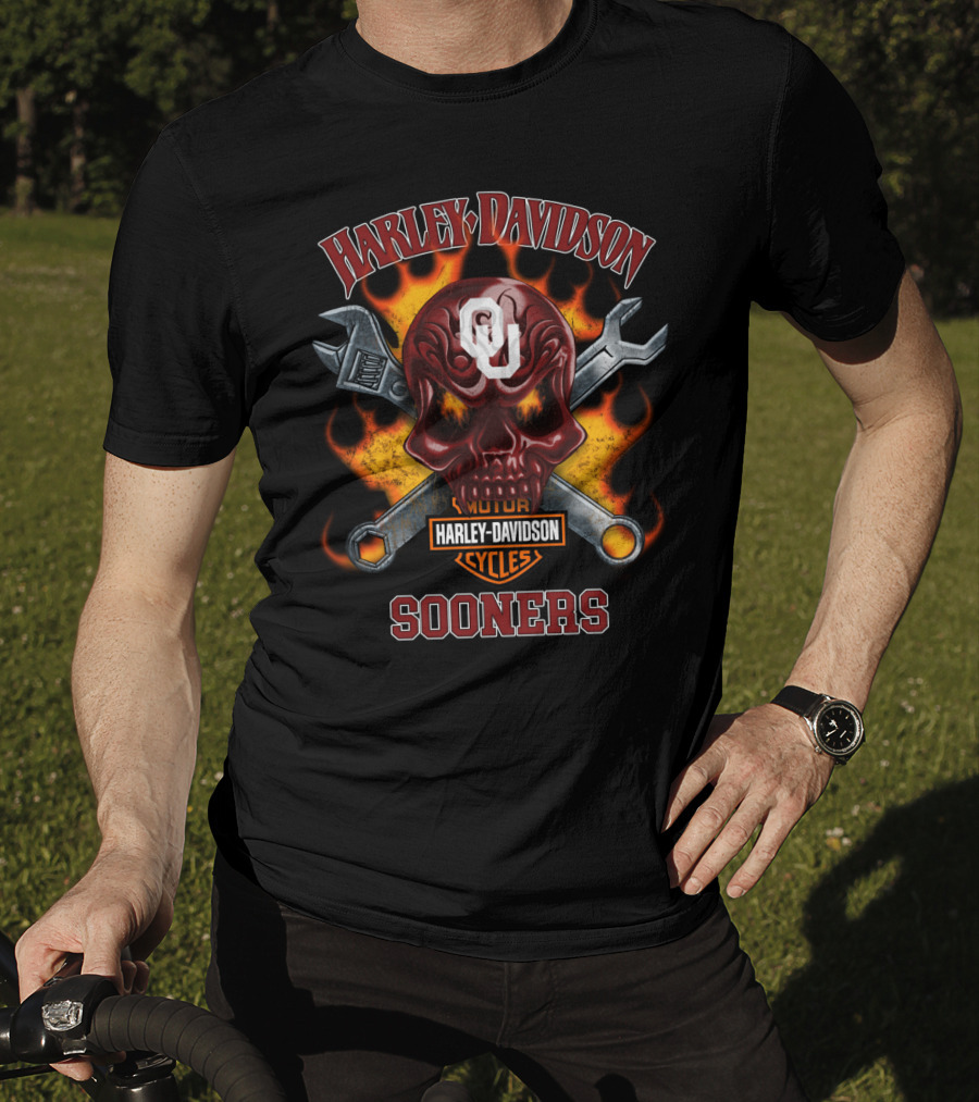 Harley Davidson Motor Cycles Oklahoma Sooners Ou Skull Wrenches Flames T-Shirt