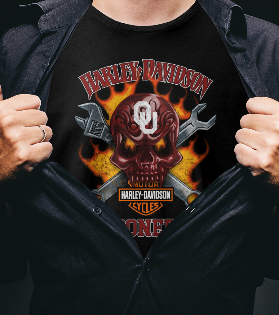 Harley Davidson Motor Cycles Oklahoma Sooners Ou Skull Wrenches Flames T-Shirt