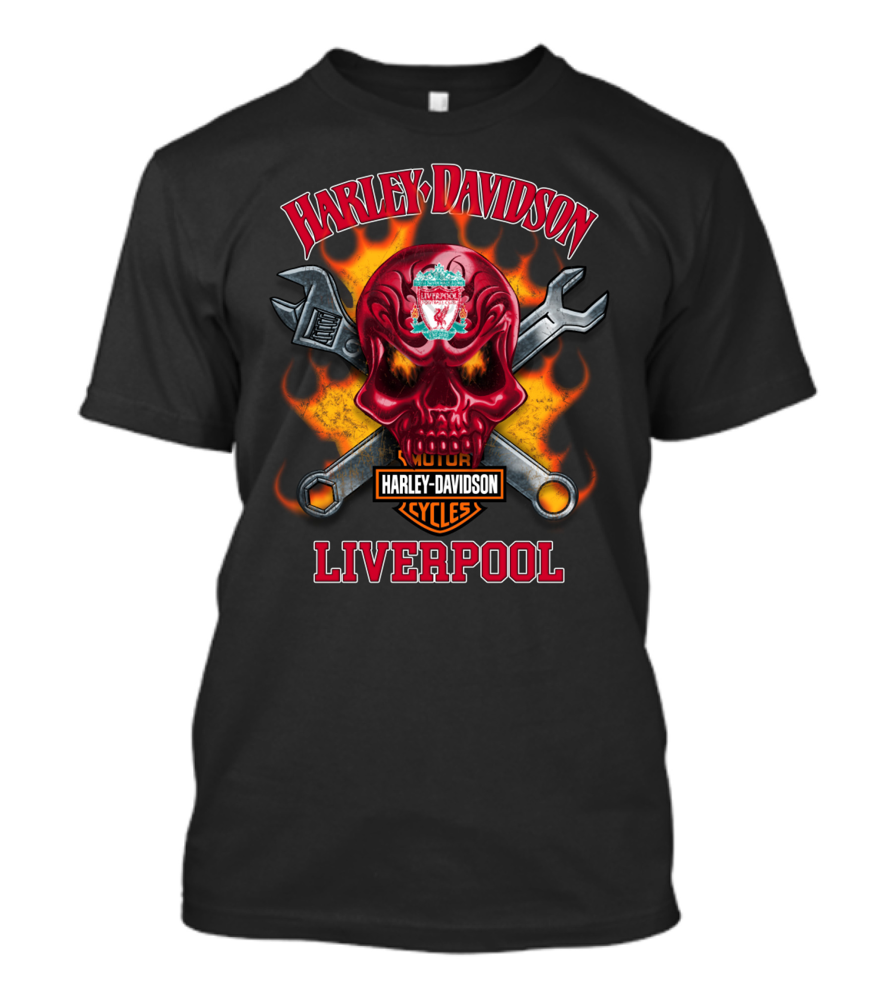 Harley Davidson Motor Cycles Liverpool Fire Skull Wrenches T-Shirt