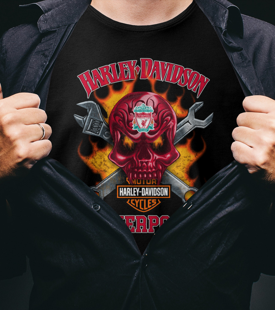 Harley Davidson Motorcycle Cycles Liverpool Skull Wrench Flames T-Shirt