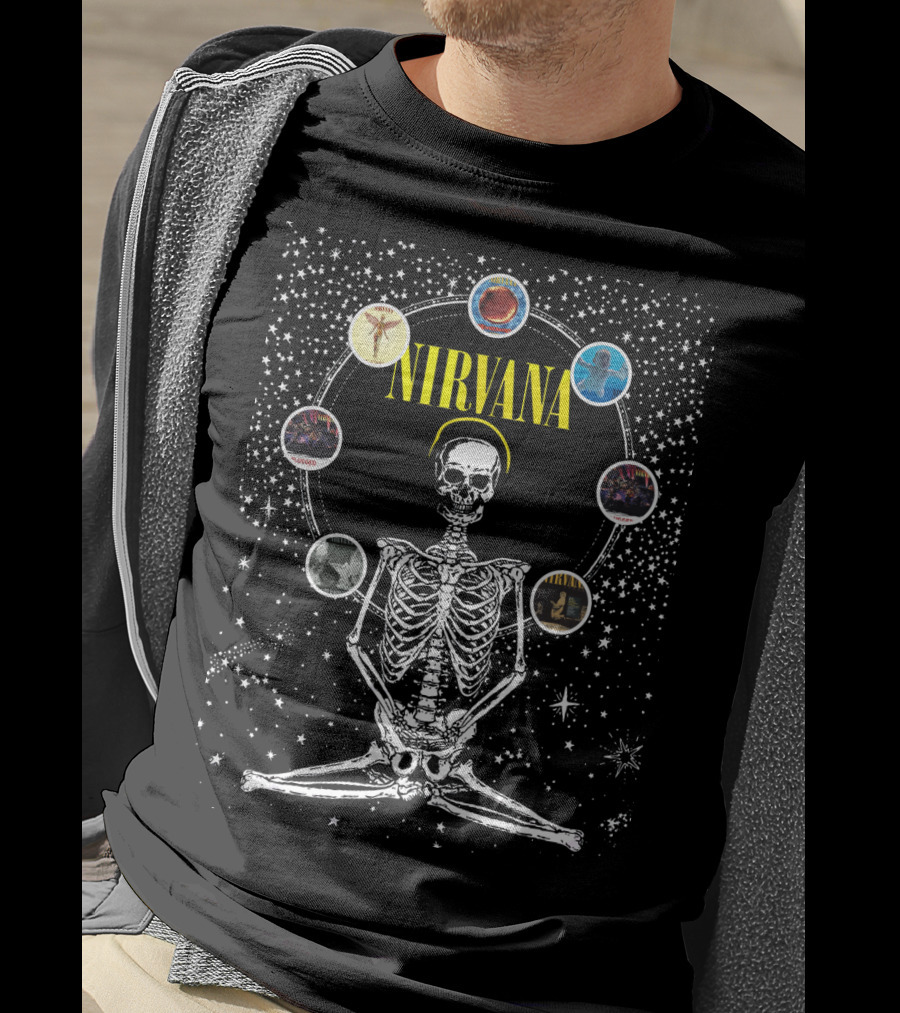 Nirvana Skeleton Meditation Album Circle Cosmic Art T-Shirt