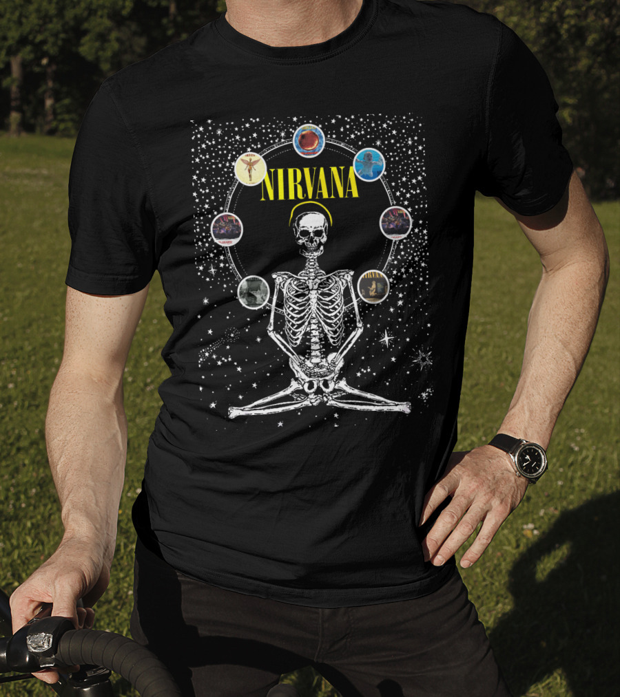 Nirvana Skeleton Meditation Album Circle Cosmic Art T-Shirt