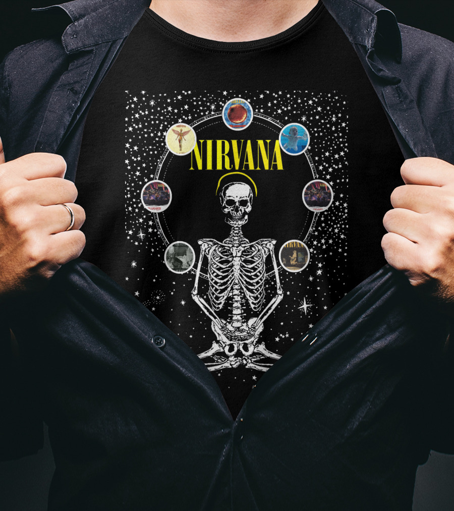 Nirvana Skeleton Meditation Album Circle Cosmic Art T-Shirt