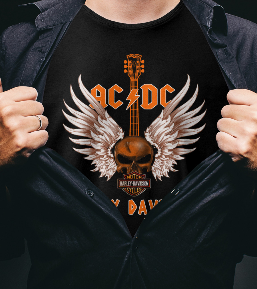 Ac Dc Harley Davidson Motor Cycles Skull Wings Guitar T-Shirt