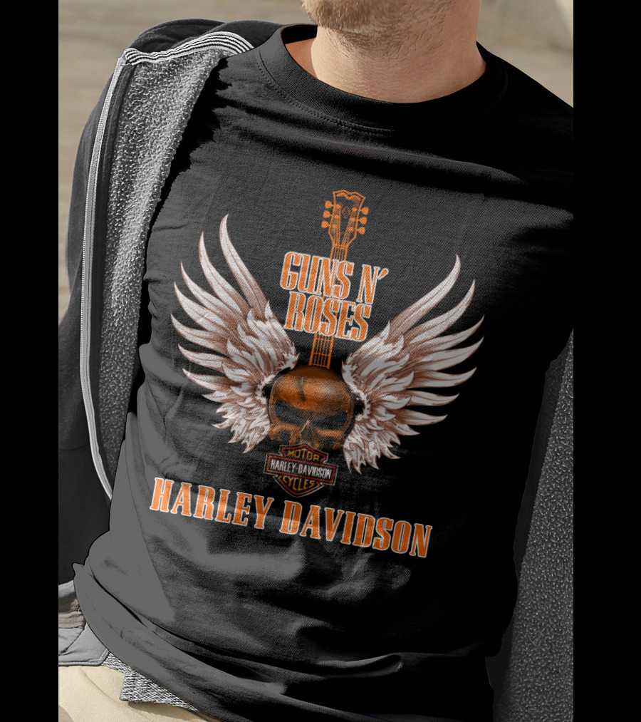 Guns N' Roses Harley Davidson Motor Cycles Winged Skull Guitar T-Shirt