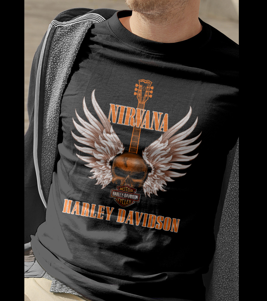 Nirvana Harley Davidson Skull Wing Guitar T-Shirt