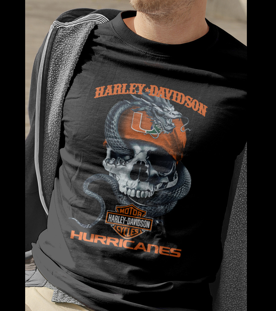 Harley Davidson Miami Hurricanes Skull With Snake And U T-Shirt
