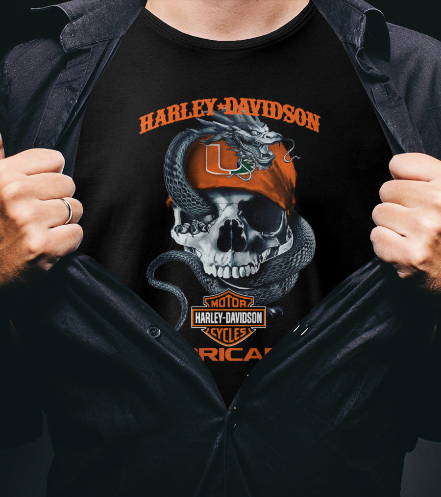 Harley Davidson Miami Hurricanes Skull With Snake And U T-Shirt