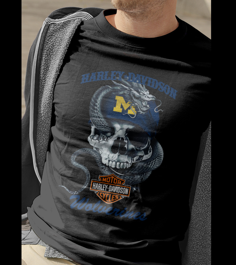 Harley Davidson Michigan Wolverines Skull Dragon Motor Cycles T-Shirt