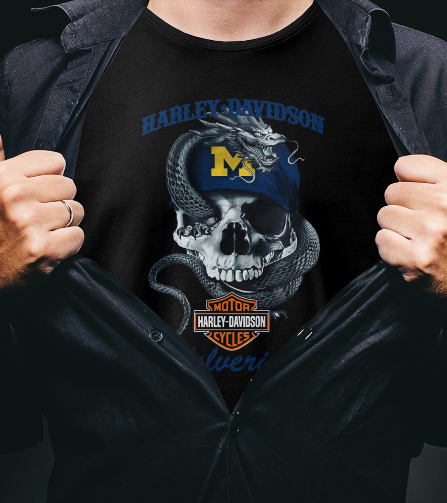Harley Davidson Michigan Wolverines Skull Dragon Motor Cycles T-Shirt