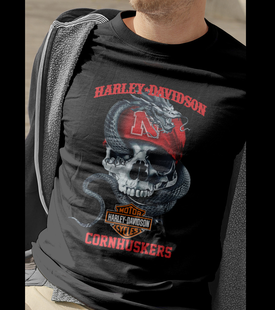 Harley Davidson Cornhuskers Skull Snake Nebraska N T-Shirt