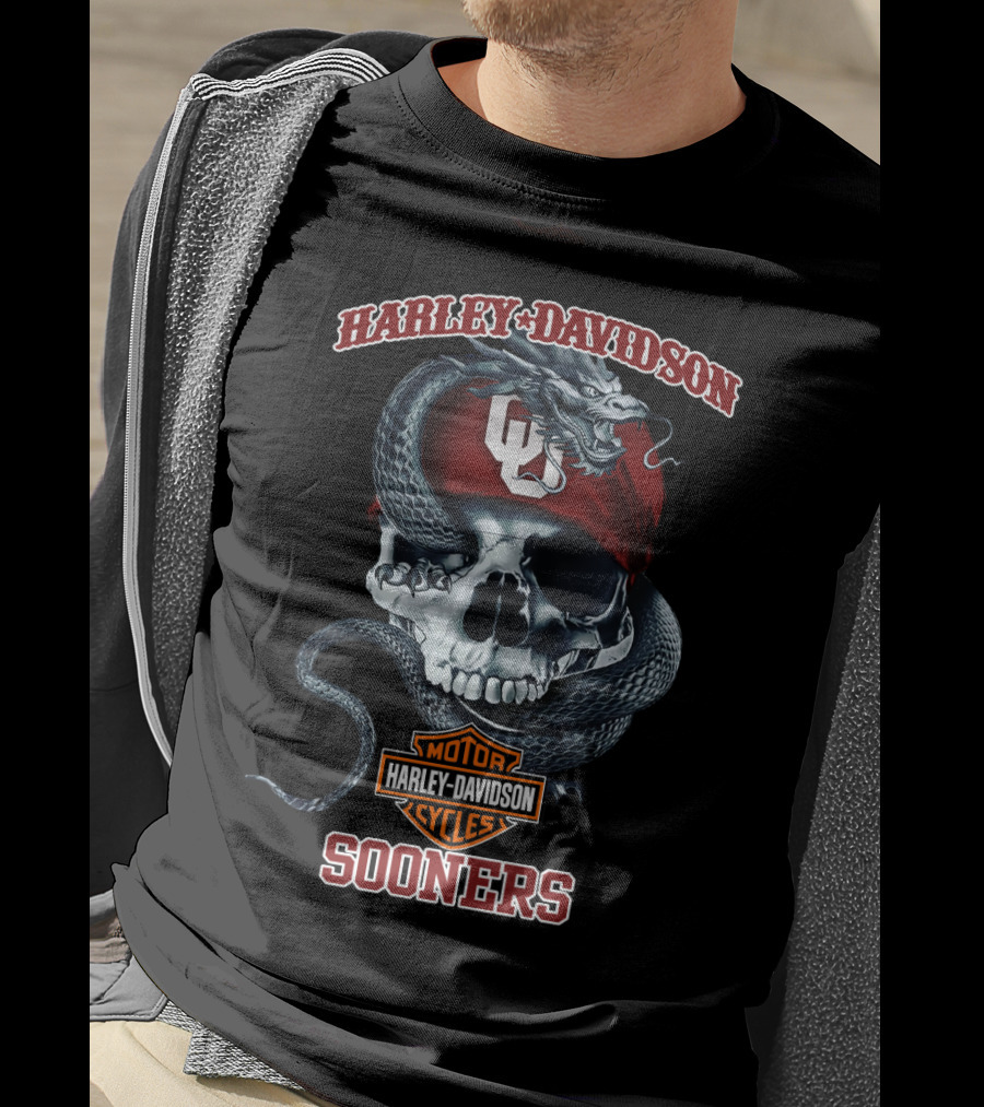 Harley Davidson Oklahoma Sooners Skull With Snake And Ou Cap T-Shirt