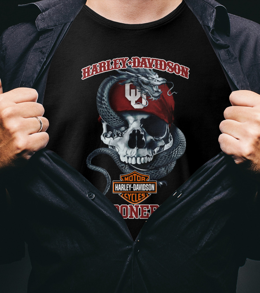 Harley Davidson Oklahoma Sooners Skull With Snake And Ou Cap T-Shirt