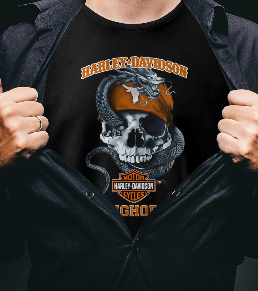 Harley Davidson Motor Cycles Skull With Snake And Texas Longhorns T-Shirt