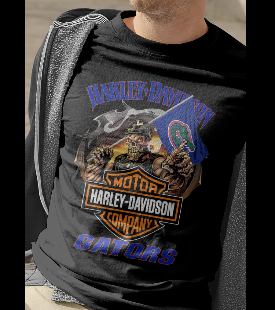 Harley Davidson Gators Skeleton With Florida Gators Flag T-Shirt
