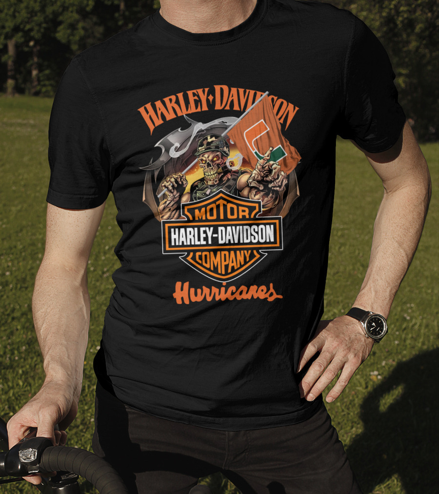 Harley Davidson Motor Company Hurricanes Miami Skeleton Flag T-Shirt