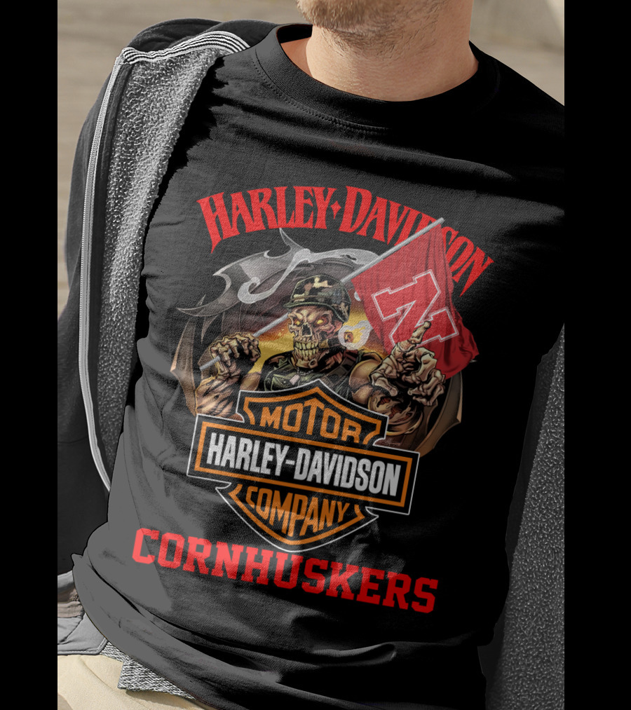 Harley Davidson Company Cornhuskers Skeleton With Nebraska Flag T-Shirt