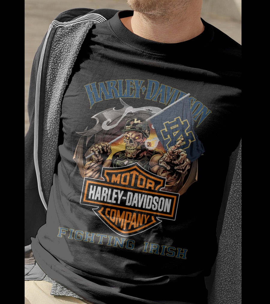 Harley Davidson Motor Company Fighting Irish Skeleton Notre Dame Flag T-Shirt