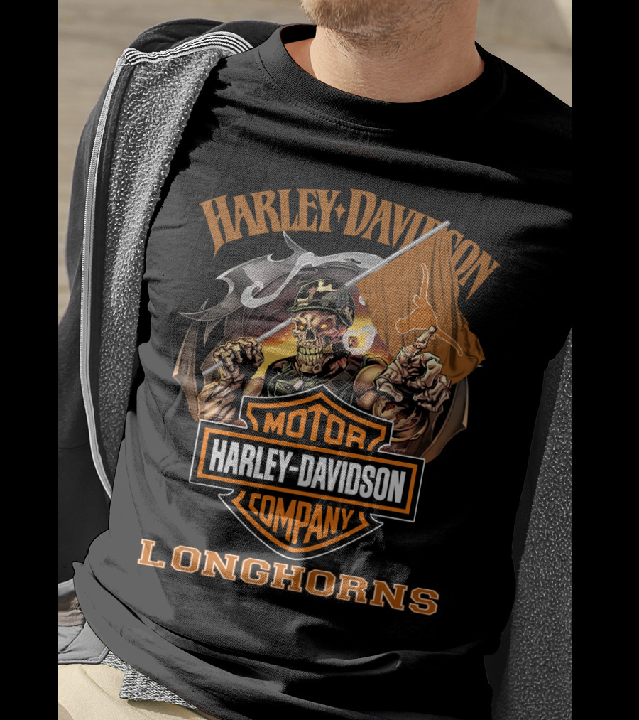 Harley Davidson Motor Company Longhorns Texas Skeleton Flag T-Shirt