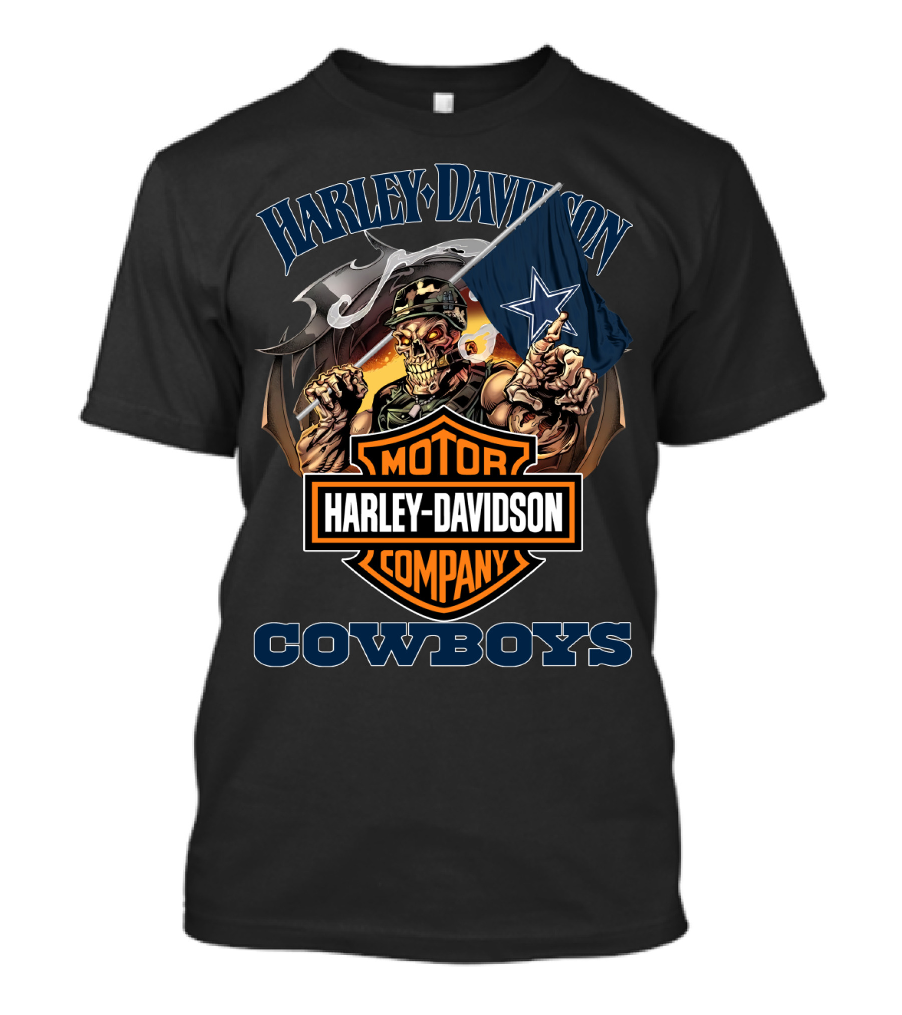 Harley Davidson Motor Company Cowboys Dallas Flag Skeleton T-Shirt