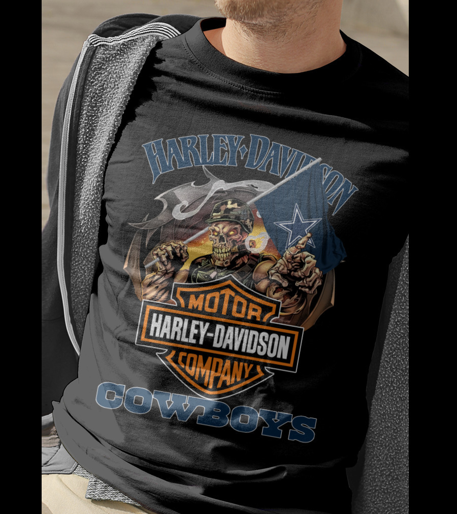 Harley Davidson Motor Company Cowboys Dallas Flag Skeleton T-Shirt