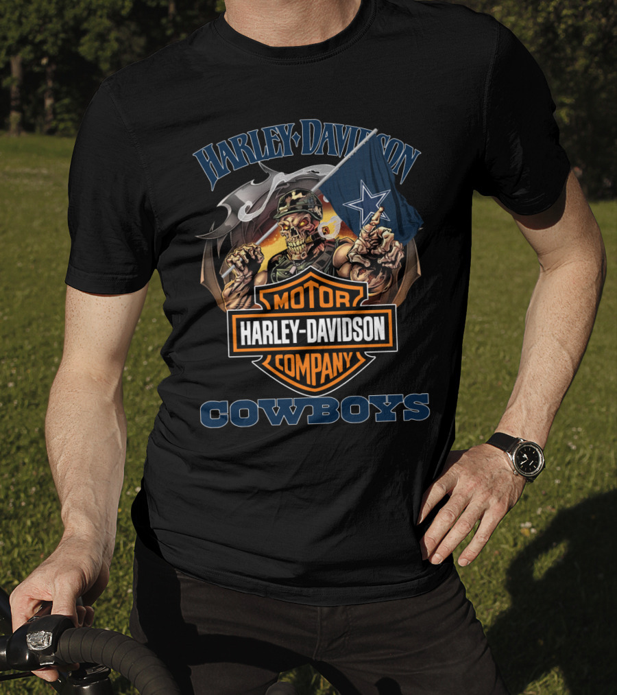 Harley Davidson Motor Company Cowboys Dallas Flag Skeleton T-Shirt