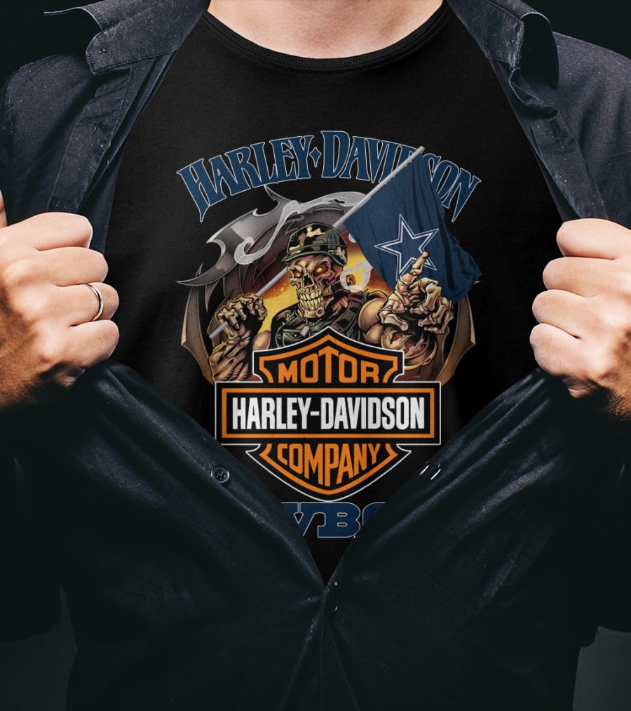 Harley Davidson Motor Company Cowboys Dallas Flag Skeleton T-Shirt