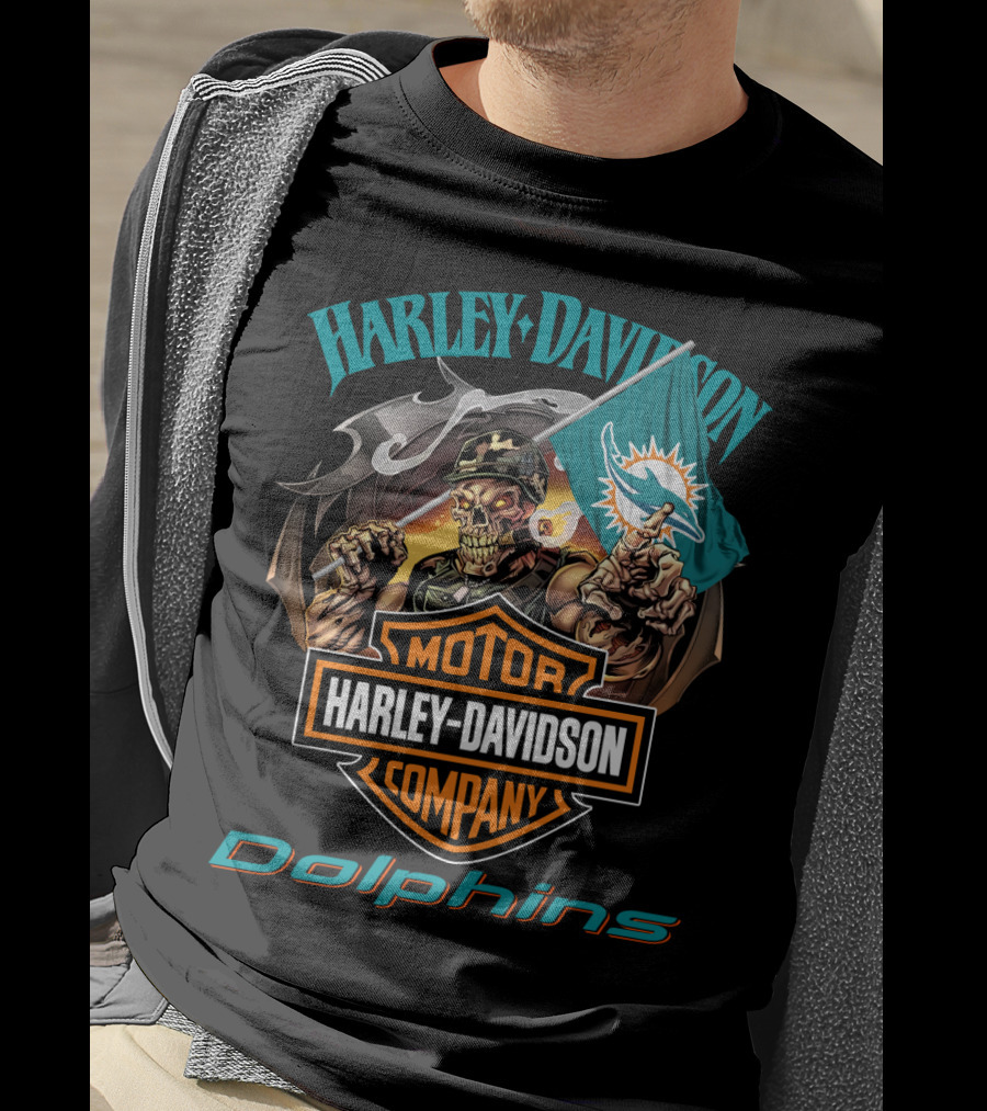 Harley Davidson Miami Dolphins Skeleton Holding Flag T-Shirt