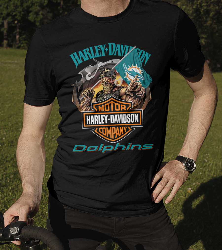 Harley Davidson Miami Dolphins Skeleton Holding Flag T-Shirt