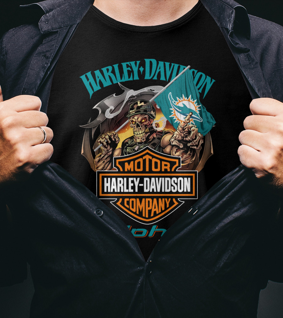 Harley Davidson Miami Dolphins Skeleton Holding Flag T-Shirt