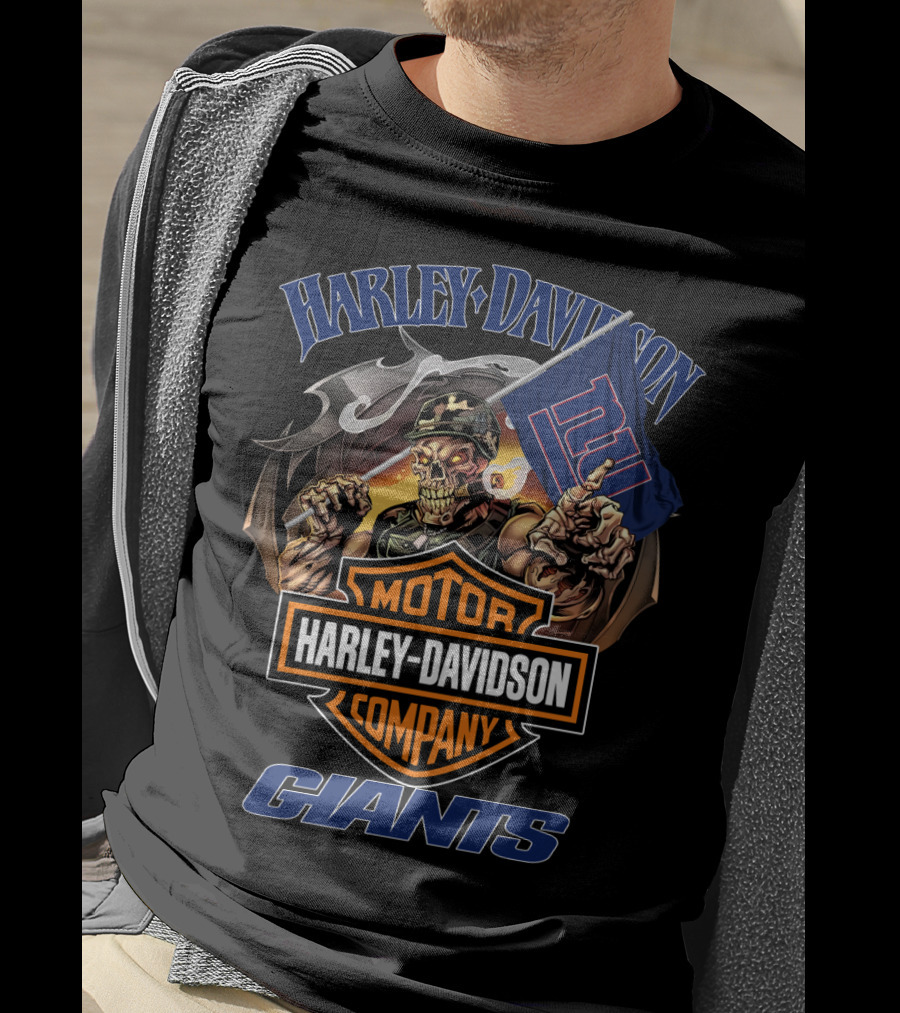 Harley Davidson Motor Company Giants Flag Skeleton Rider T-Shirt