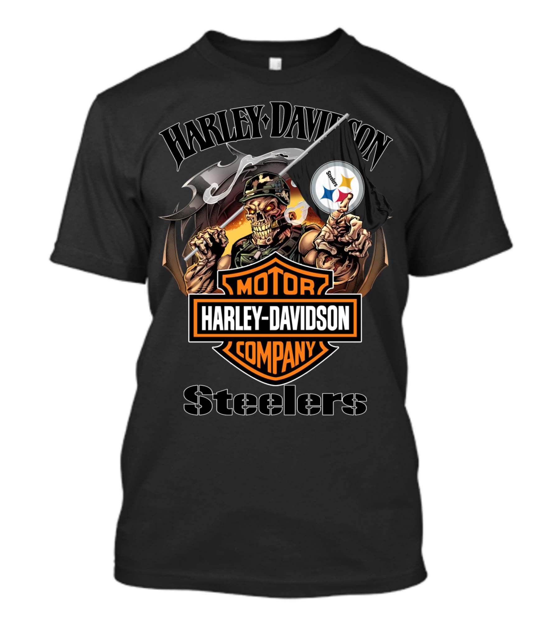 Harley Davidson Company Steelers Skull Holding Pittsburgh Flag T-Shirt
